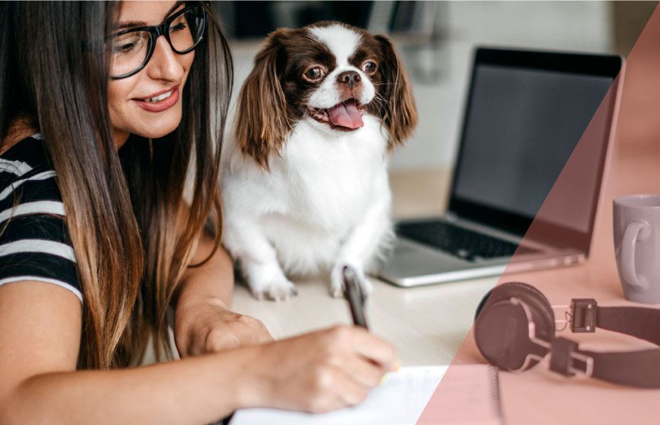 Woman at work with her dog for employee mental health